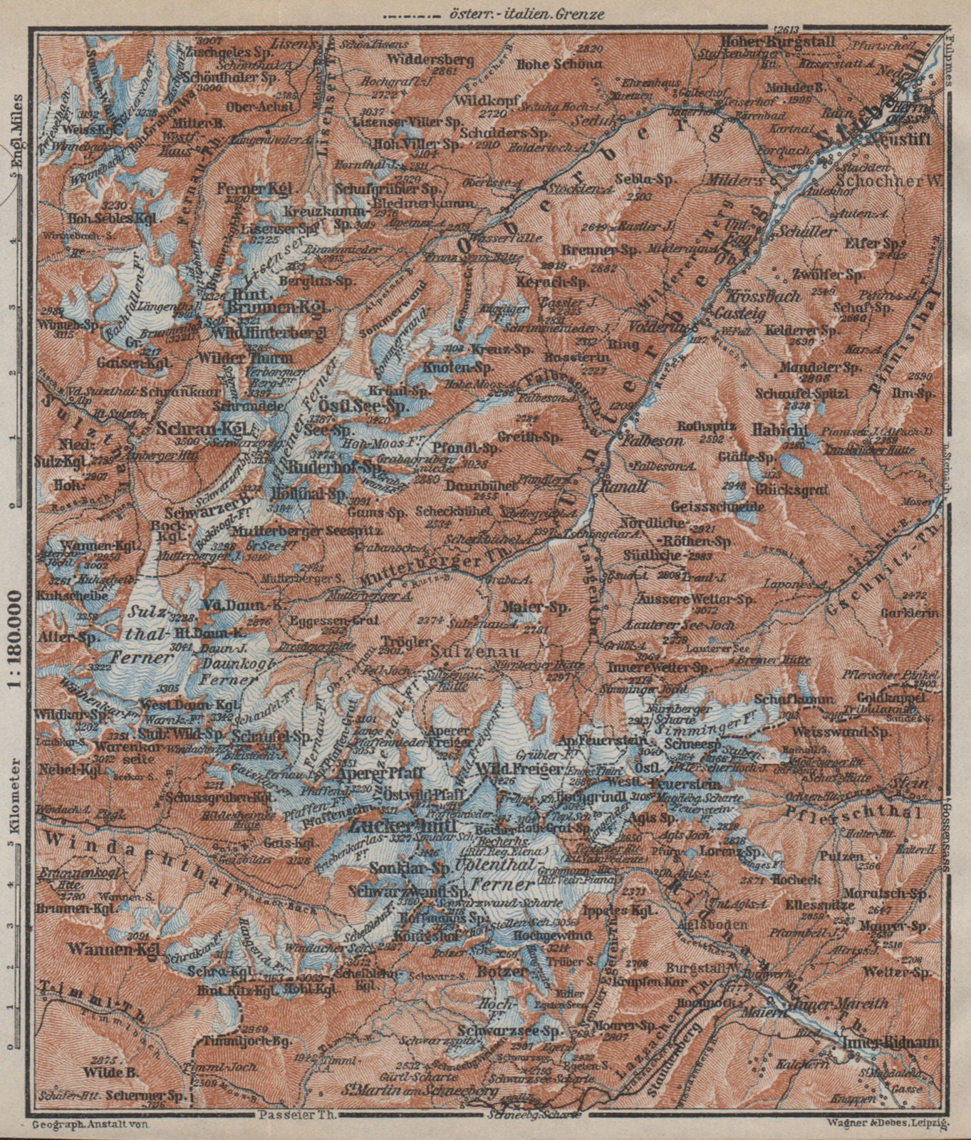 STUBAI ALPS Stubaier Alpen. Neustift im Stubaital Tirol Tyrol topo-map 1927